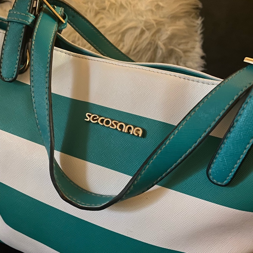 Secosana Teal Stripe Tote Bag | Large Shoulder Purse Travel Beach Work - Picture 5 of 5